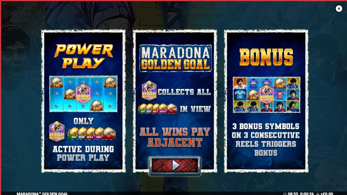 Interface do slot Maradona Golden Goal com elementos de futebol
