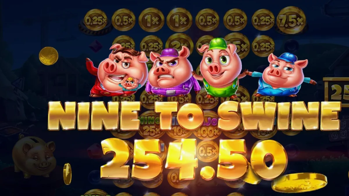 Interface do jogo de slot Huff n Puff CollectR com porquinhos e elementos de construção