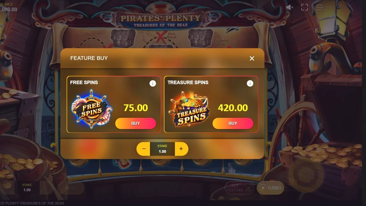 Interface do jogo Pirates’ Plenty: Treasures of the Seas com tema pirata