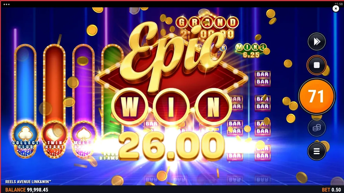 Interface futurista do slot Reels Avenue Link&Win com grades duplas e luzes neon.